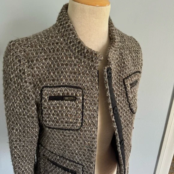 J.CREW metallic tweed & faux leather snap front blazer jacket tan cream black